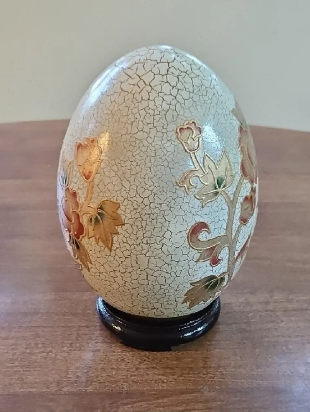Vtg Satsuma Crackle Glaze Moriage Floral Egg 7” w/ Wood Stand